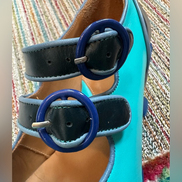 Fluevog LIKE NEW KKBB Liz turquoise/navy double strap MJ heel - 8.5 (fits 8) - Picture 13 of 16
